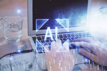 Businessman with computer background with technology theme hologram. Concept of big data. Double exposure.