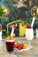 Colorful cocktails on top of the bar, summer coctails