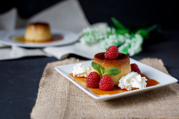 Egg flan with raspberries