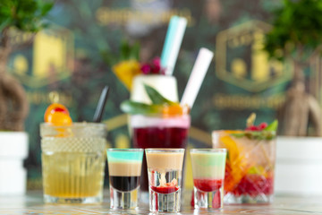 Colorful cocktails on top of the bar, summer coctails