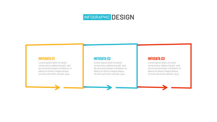 Business infographic thin line flat design label with squares and arrow. Vector template with 3 options or steps.
