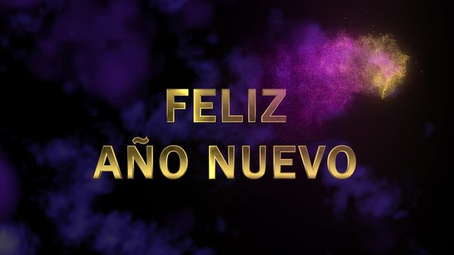 New Year animation. Magical sparkling particles moving through the screen. Appearing golden letters 'Feliz Ano Nuevo'