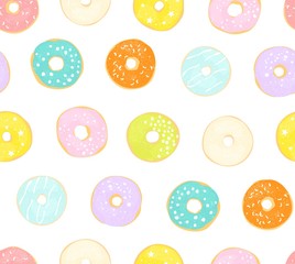 Delicate seamless pattern with different glazed donuts. Vector illustration on white background.