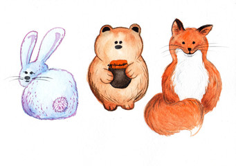 watercolor illustration of forest animals: back view blue bunny, cute bear with a jar of honey in his hands, red fluffy fox. Cartoon forest animals. hand drawn