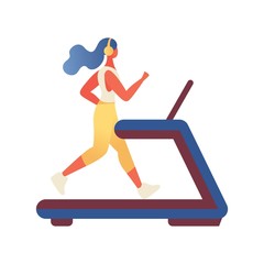 Flat woman drawn with vivid colors in modern style running on the treadmill. Isolated on white sport lifestyle character