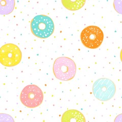 Delicate seamless pattern with different glazed donuts. Vector illustration on white background with colorful dots.