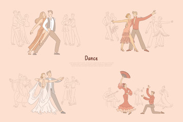 Fototapeta na wymiar Ballroom dancers performance, graceful couples dancing tango, rumba, foxtrot, passionate flamenco banner