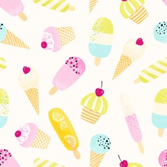 Cute seamless pattern with ice cream in pastel colors. Vector summer illustration.