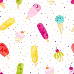 Delicate seamless pattern with different ice cream. Vector illustration on white background with colorful dots.