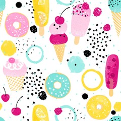 Abstraction summer pattern with colorful ice cream, donuts and berries. Vector seamless illustration on white background