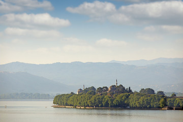 Ioannina lake and Mosques towers in morning landscape Greece