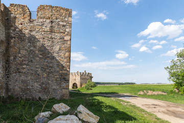 The remains  of the fortress wall and the outer clock tower in the ruins of the Smederevo fortress,...