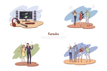 Music entertainment, friends with microphones performing songs together, singing and dancing, musical leisure banner