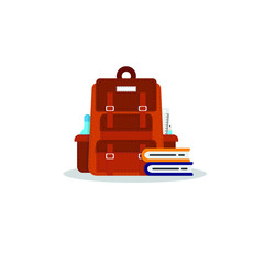 School backpack with stationery, schoolbag flat vector illustration