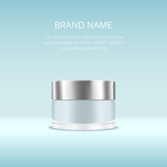 Blank realistic cream container. Ads template, mockup, cosmetic package, jar vector illustration on blue background