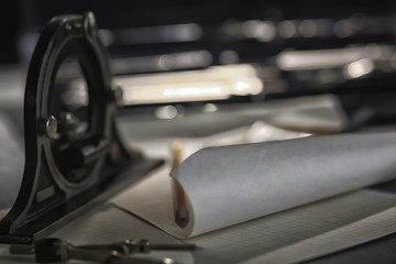 drawing tools, concept engineering project vintage / compass pencil paper education drafting