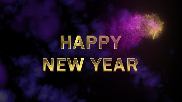 New Year animation. Magical sparkling particles moving through the screen. Appearing golden letters 'Happy New Year'