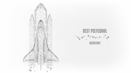 Shuttle launch from triangles and luminous points. Startup concept. Black-and-white. Vector Polygonal illustration. Low poly.
