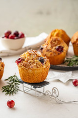 Christmas homemade cranberry muffins. Christmas cake on New Year's background. Copy space.