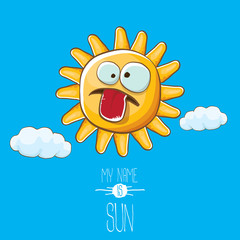 vector funky cartoon style summer sun character on blue sky background. My name is sun concept illustration. funky kids summer character with eyes and mouth