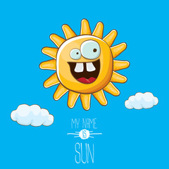vector funky cartoon style summer sun character on blue sky background. My name is sun concept illustration. funky kids summer character with eyes and mouth