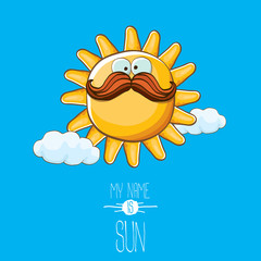 vector funky cartoon style summer sun character on blue sky background. My name is sun concept illustration. funky kids summer character with eyes and mouth