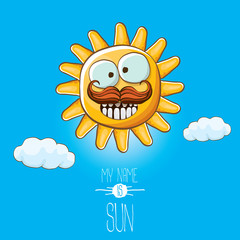 vector funky cartoon style summer sun character on blue sky background. My name is sun concept illustration. funky kids summer character with eyes and mouth