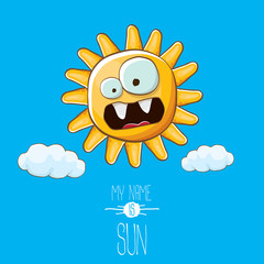 vector funky cartoon style summer sun character on blue sky background. My name is sun concept illustration. funky kids summer character with eyes and mouth