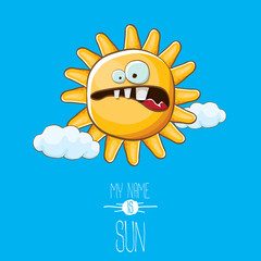 vector funky cartoon style summer sun character on blue sky background. My name is sun concept illustration. funky kids summer character with eyes and mouth