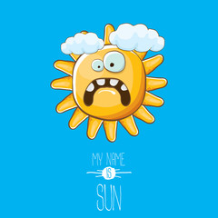 vector funky cartoon style summer sun character on blue sky background. My name is sun concept illustration. funky kids summer character with eyes and mouth
