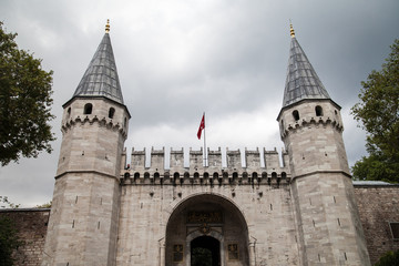 Fototapeta na wymiar Topkapi Palace in Istanbul. Ancient architecture. Cloudy weather.
