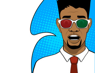 Scared Pop art African man in 3D glasses. Advertising poster template. Cinema. Vector illustration in comic style.