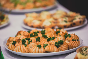 Beautifully decorated catering banquet table with different food snacks and appetizers on corporate, christmas, birthday party event or wedding celebration