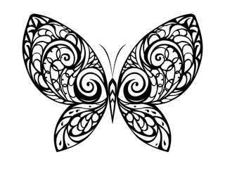 Vector elegant patterned butterfly silhouette isolated on white background.