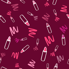 Cute seamless pattern with lipstick. Vector illustration in maroon tones.