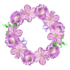 Beautiful floral background of clematis and thistle. Isolated