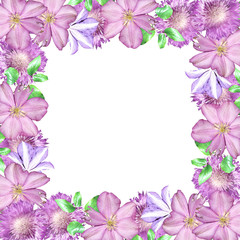 Beautiful floral background of clematis and thistle. Isolated