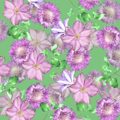 Beautiful floral background of clematis and thistle. Isolated