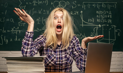 Negative human emotions face expression feeling life perception. Student tired of studying in...