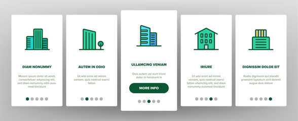 City, Town Buildings Vector Onboarding Mobile App Page Screen. High Rise, Multi Storey Buildings, Skyscraper Facades. Office Centers, Apartment Houses, Malls Outline Isolated