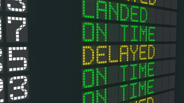 Delayed flight airport table sign, international arrivals air schedule delay