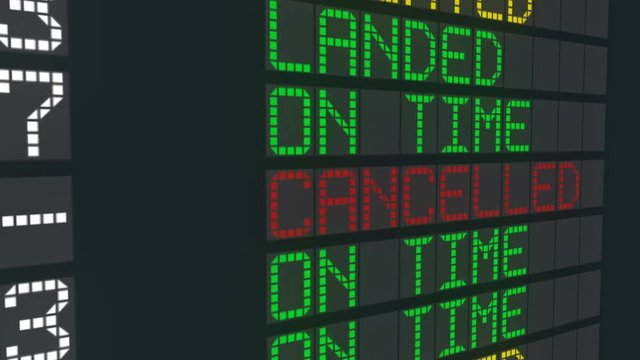 Cancelled flight sign airport table, international arrivals air schedule cancel