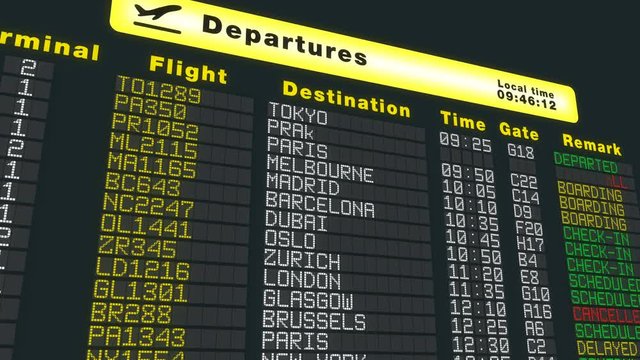 Airport table departures schedule, international flights refresh, airplane time