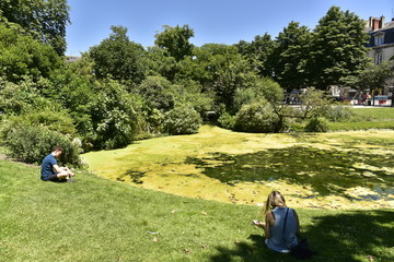 Fototapeta na wymiar Détente sur l'herbe devant l'étang couvert de mousse verte à la place Gambetta à Bordeaux