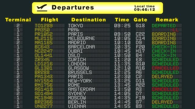 International airport table departures schedule flights refresh flat update