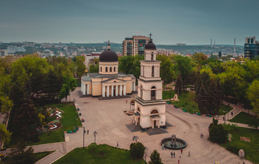 Aerial drone view  of the Moldovan Orthodox Church in Central Chisinau, Moldova,2019