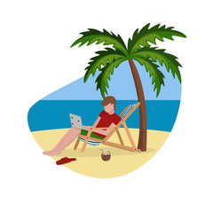 Obraz na płótnie Canvas freelance man on the beach with laptop palm 2