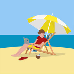 freelance man on the beach with laptop