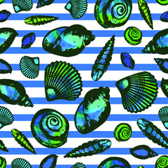 Vector sketch illustration - seashells. seamless pattern. watercolor stains