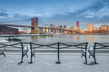 Manhattan Skyline from Pebble Beach in Brooklyn, United States.